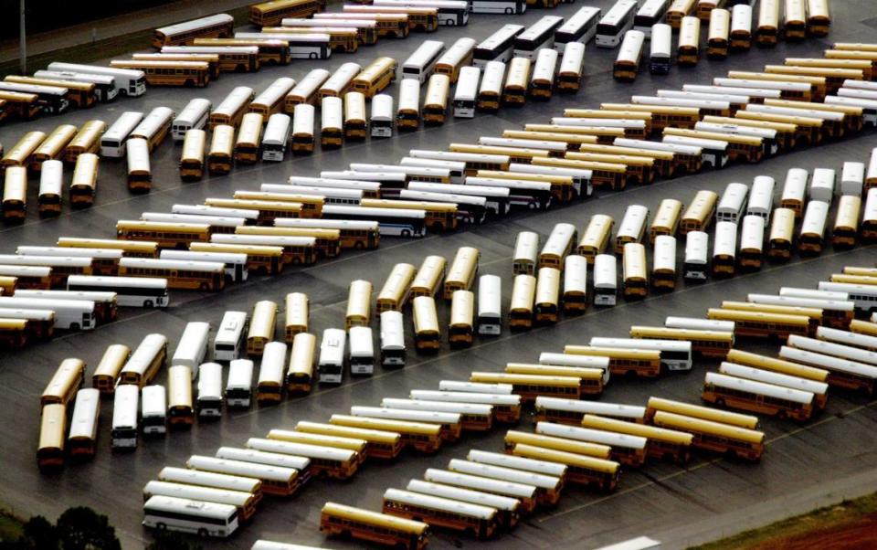 An aerial view of the schools buses at the Blue Bird manufacturing facility in Forty Valley.