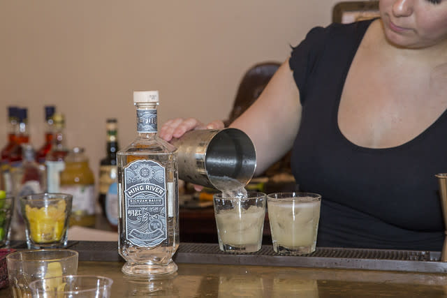 Cocktails made with Ming River baijiu are seen at an event in Brooklyn, New York City, on June 13, 2018.