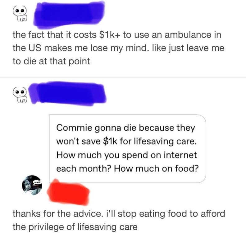 Person arguing that someone should have enough money to pay for an ambulance if they can buy food and internet