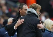 Britain Soccer Football - Liverpool v Swansea City - Premier League - Anfield - 21/1/17 Swansea City manager Paul Clement shakes hands with Liverpool manager Juergen Klopp after the game Reuters / Phil Noble Livepic