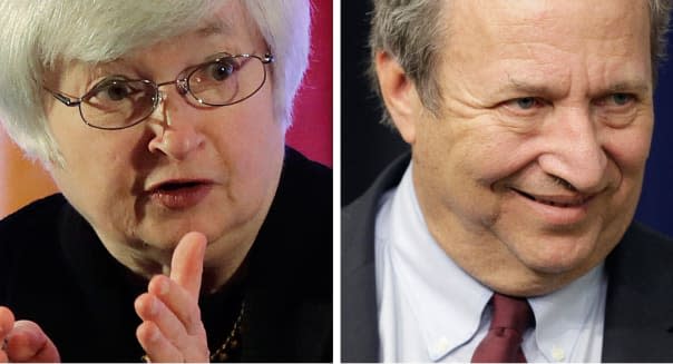 This photo combo shows Fed Vice Chair Janet Yellen, left, and former Treasury Secretary Lawrence Summers. Fed Chairman Ben Bernanke is expected to step down when his second term ends in January 2014, and the contest to succeed him has turned into a public struggle between Yellen and Summers. (AP Photo/Eugene Hoshiko, J. Scott Applewhite)