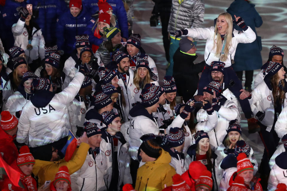 <p>Lindsey Vonn of the United States and Team USA walk in the Parade of Athletes during the Closing Ceremony of the PyeongChang 2018 Winter Olympic Games at PyeongChang Olympic Stadium on February 25, 2018 in Pyeongchang-gun, South Korea. (Photo by Ryan Pierse/Getty Images) </p>