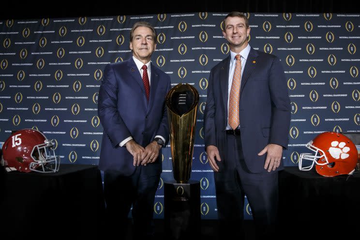 Nick Saban (L) and Dabo Swinney will meet again in the CFP title game on Jan. 9 (Getty)