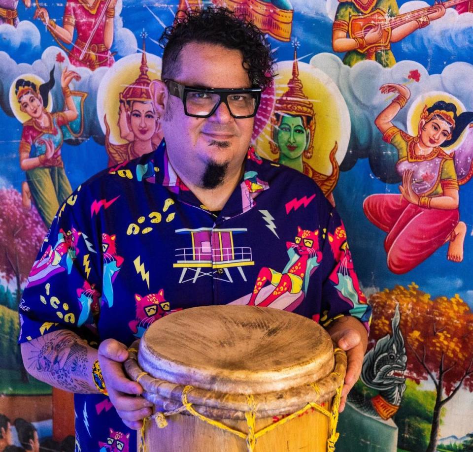 “Mr. Pauer” Toto González, a.k.a “Mr. Pauer” posed in his studio, he is known as the godfather of the “Electrópico” sound, and pioneer in the fusion of traditional Latinx genres with electronic beats. Miami Shores, on Friday May 17, 2024.
