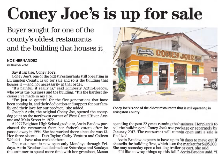 A news article shows Coney Joe's is up for sale in Brighton.