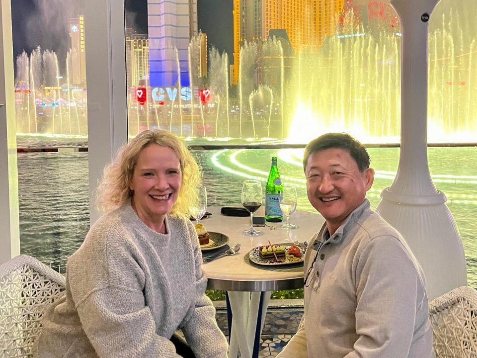 Author Wendy Lee and partner at Lago in front of Bellagio