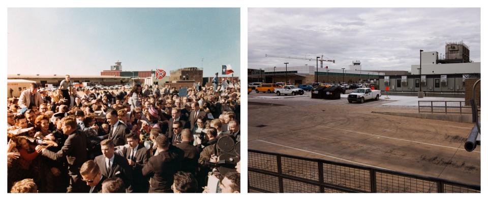 Combination picture shows U.S. President John F. Kennedy and First Lady Jacqueline Kennedy Onassis greeting supporters at Love Field in Dallas in 1963 and the same site in November 2013