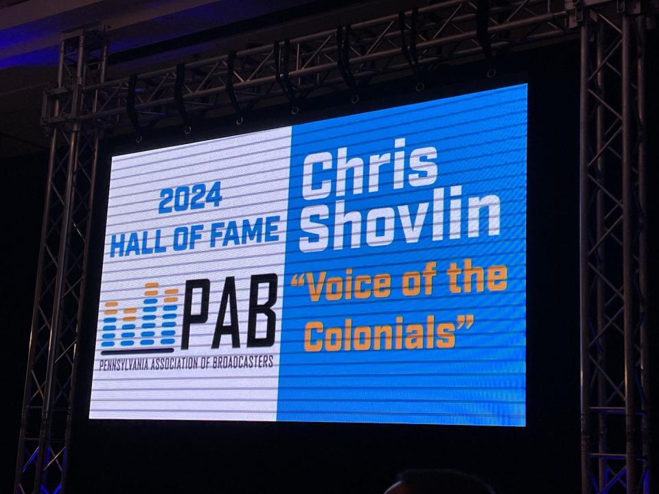 A video board displaying Chris Shovlin’s name at the Pa. Association of Broadcasters Hall of Fame Luncheon in Harrisburg, PA on April 26, 2024.