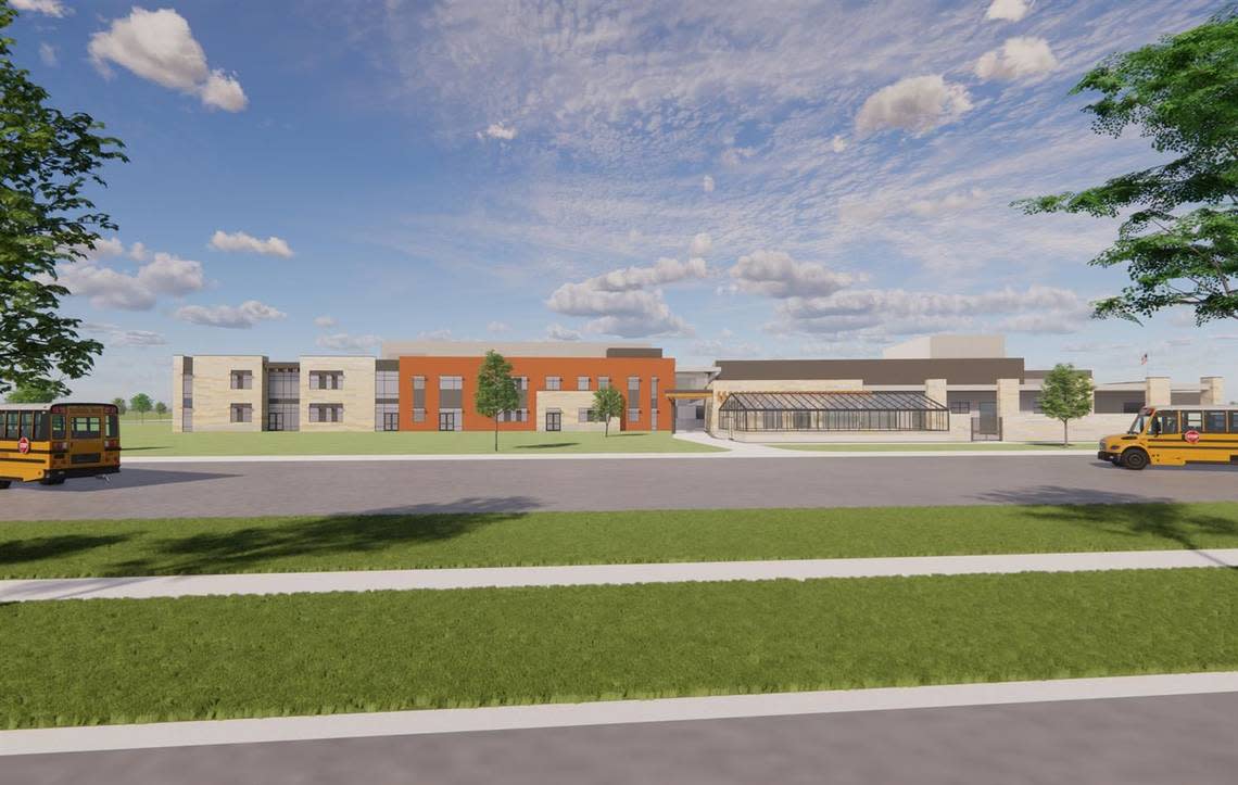 This architectural rendering shows what Pasco School District’s third comprehensive high school would look like. The project would cost more than $185 million and be paid for by a February 2023 special election bond measure.