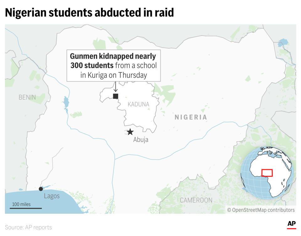 Gunmen attacked a school in northwestern Nigeria and abducted hundreds of children as they were about to start classes Thursday. (AP Graphic)