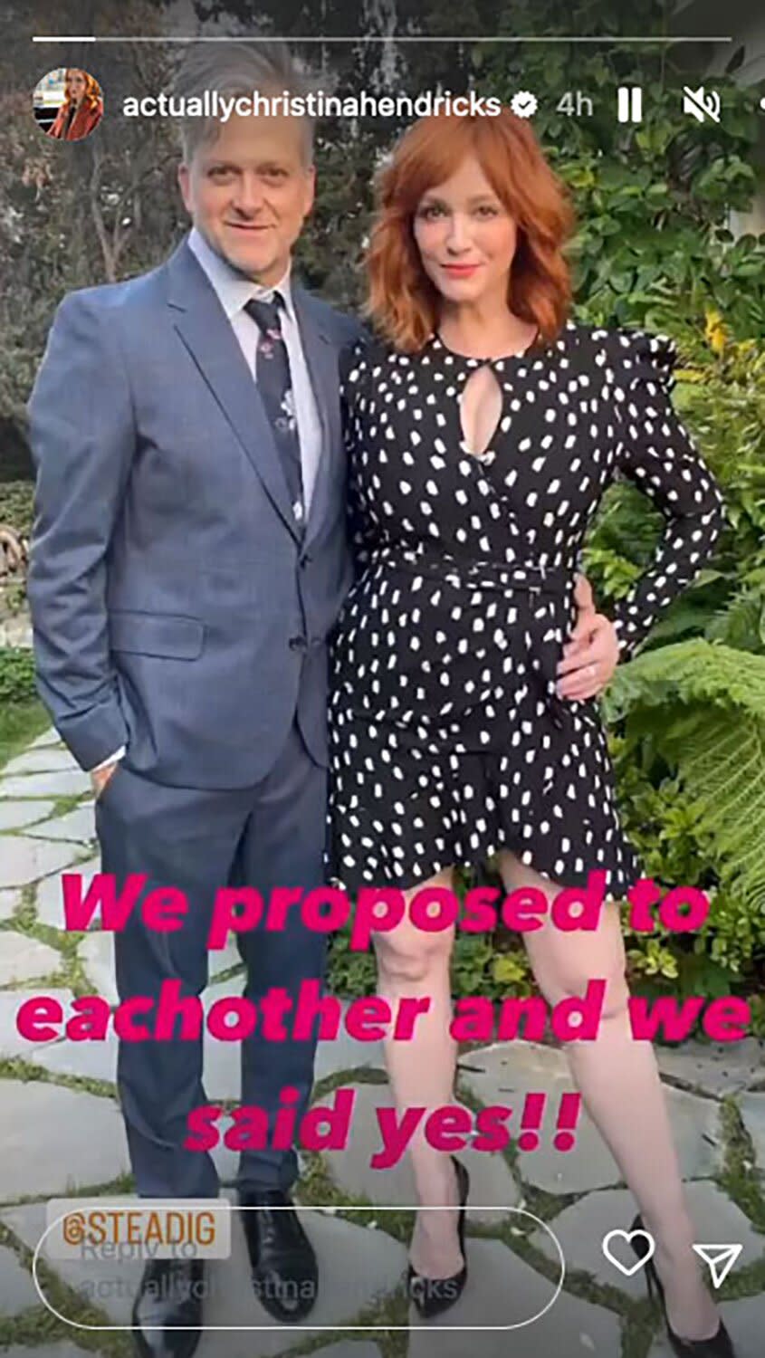 https://www.instagram.com/p/Cpno-nVvjHq/?hl=en https://www.instagram.com/stories/actuallychristinahendricks/3055607297986245670/?hl=en  — Christina Hendricks Engaged to George Bianchini After They 'Proposed to Each Other': 'We Said Yes'