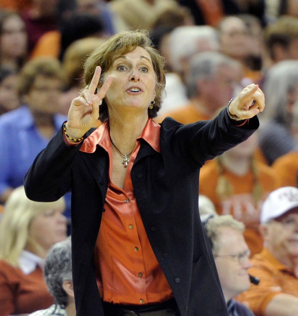 FILE - In this Feb. 27, 2011, file photo, Texas women's basketball coach Gail Goestenkors directs her team against Texas A&M during the second half of an NCAA college basketball game  in Austin, Texas. Goestenkors was selected for the 2015 women's basketball Hall of Fame induction class announced Saturday, July 19, 2014.