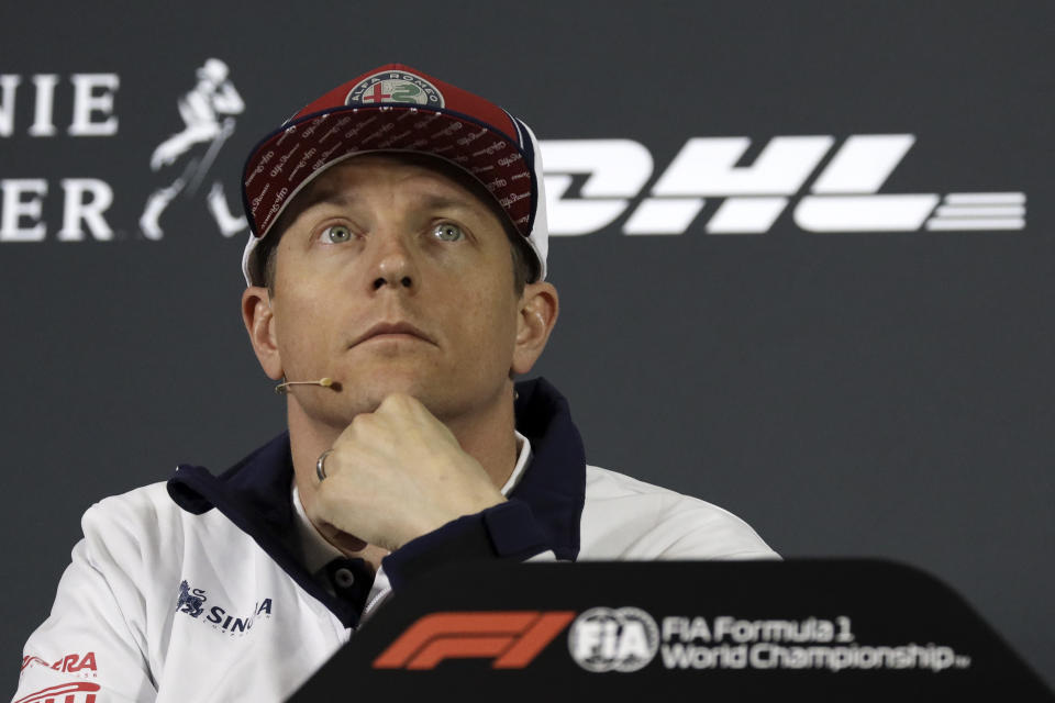 Alfa Romeo driver Kimi Raikkonen of Finland pauses during a press conference at the Shanghai International Circuit ahead of the Chinese Formula One Grand Prix in Shanghai, China, Thursday, April 11, 2019. (AP Photo/Ng Han Guan)