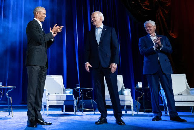 <p>BRENDAN SMIALOWSKI/AFP via Getty</p> Presidents Barack Obama, Joe Biden and Bill Clinton reunite for a fundraiser and conversation at Radio City Music Hall on March 28, 2024
