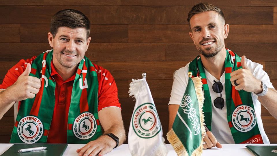 Jordan Henderson, pictured with Al-Ettifaq coach Steven Gerrard, left, was offered an eye-watering salary of £700,000 per week according to multiple reports, in an estimated $15.4 million (£12 million) transfer from Liverpool to Saudi team Al-Ettifaq. - Al-Ettifaq Media Office/Reuters