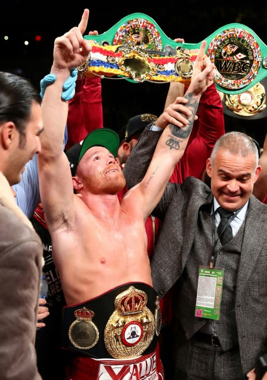 Saul "Canelo" Alvarez celebrates his third-round TKO over Rocky Fielding during their WBA super middleweight title fight at Madison Square Garden