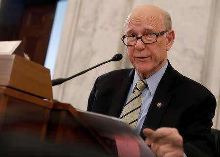 FILE PHOTO: Chairmen Sen. Pat Roberts (R-KS) speaks before Secretary of Agriculture nominee Sonny Perdue's testimony at his confirmation hearing before the Senate Agriculture Committee on Capitol Hill in Washington, DC, U.S. March 23, 2017. REUTERS/Aaron P. Bernstein/File Photo