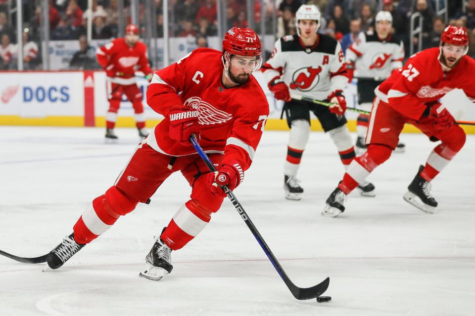 Detroit Red Wings center Dylan Larkin (71) skates against New Jersey Devils during the first period at Little Caesars Arena in Detroit on Wednesday, Jan. 4, 2023.