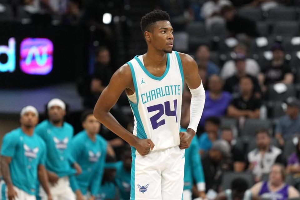 Jul 5, 2023; Sacramento, CA, USA; Charlotte Hornets forward Brandon Miller (24) stands on the court after the game against the Golden State Warriors at Golden 1 Center. Mandatory Credit: Darren Yamashita-USA TODAY Sports