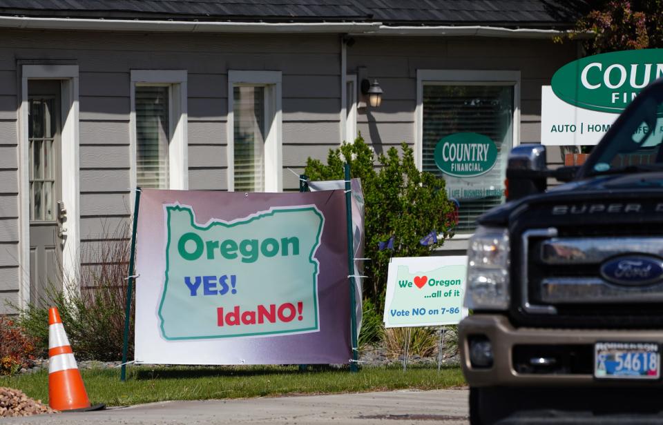 Unity signs greets drivers entering the Crook County seat of Prineville, Oregon, where voters are deciding whether to recommend moving the county border west so they can become part of Idaho.