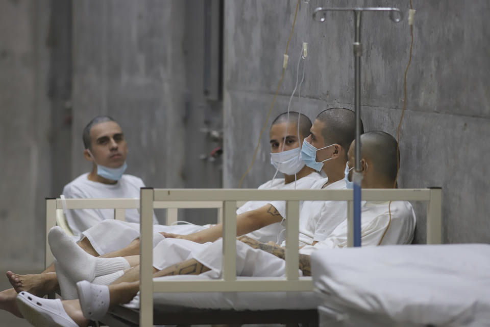 Inmates are treated in the medical area of the Terrorism Confinement Center during a press tour of the mega-prison in Tecololuca, El Salvador, Thursday, Oct. 12, 2023. (AP Photo/Salvador Melendez)