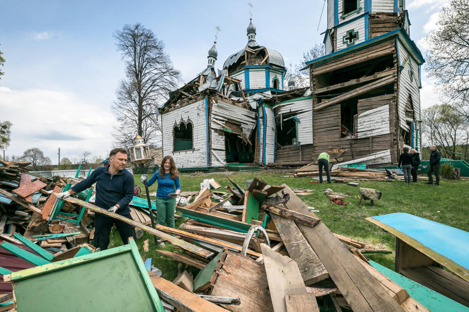 Ihor Poshyvailo, co-founder of the Heritage Emergency Response Initiative, works with his crew to salvage the Church of the Nativity of the Blessed Virgin Mary that was damaged by Russian shelling in March 2022. (Bohdan Poshyvailo)