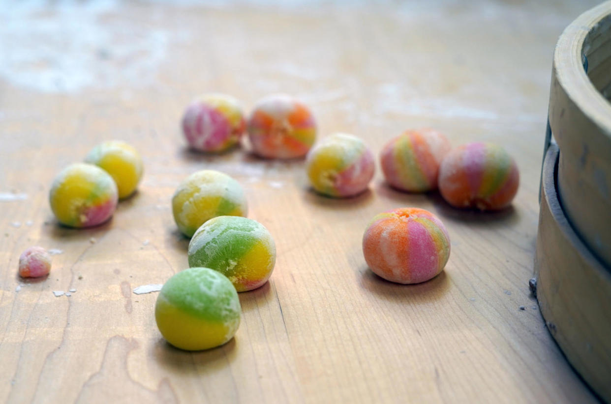 Rainbow dango are small, bite-sized colorful balls of sweet mochi rice flour. (Samantha Kubota / TODAY)