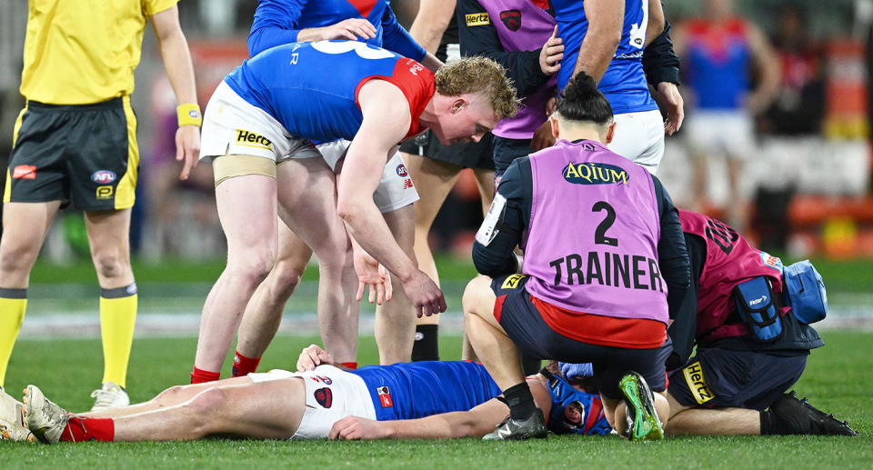 Melbourne's Angus Brayshaw was knocked out for several minutes in the AFL finals game against Collingwood. Pic: Getty