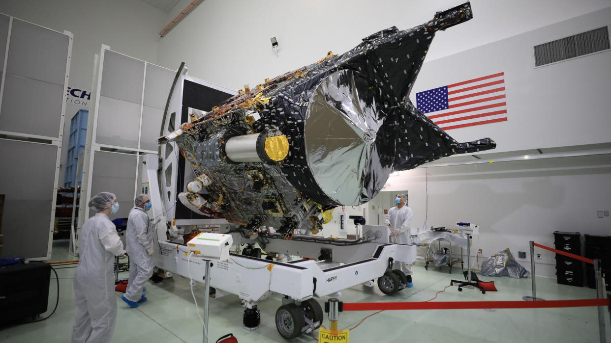  NASA’s Psyche spacecraft is shown in a clean room at the Astrotech Space Operations facility near the agency’s Kennedy Space Center in Florida on Dec. 8, 2022. 