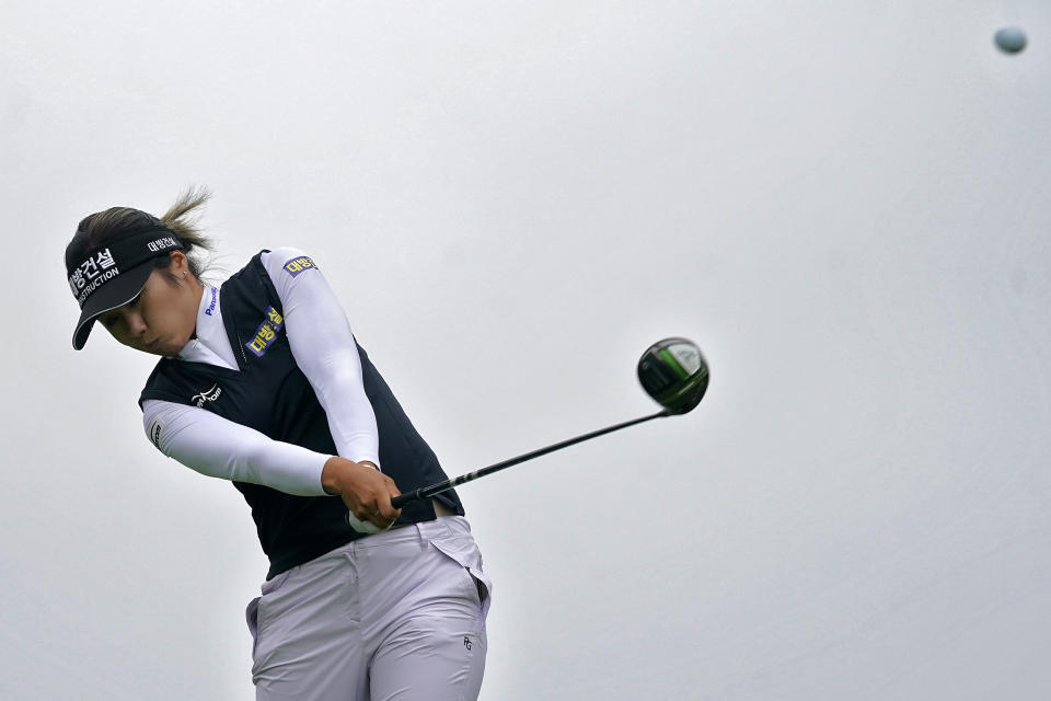 Jeongeun Lee6, of South Korea, plays her shot from the 11th tee the during the second round of the U.S. Women's Open golf tournament at The Olympic Club, Friday, June 4, 2021, in San Francisco. (AP Photo/Jeff Chiu)
