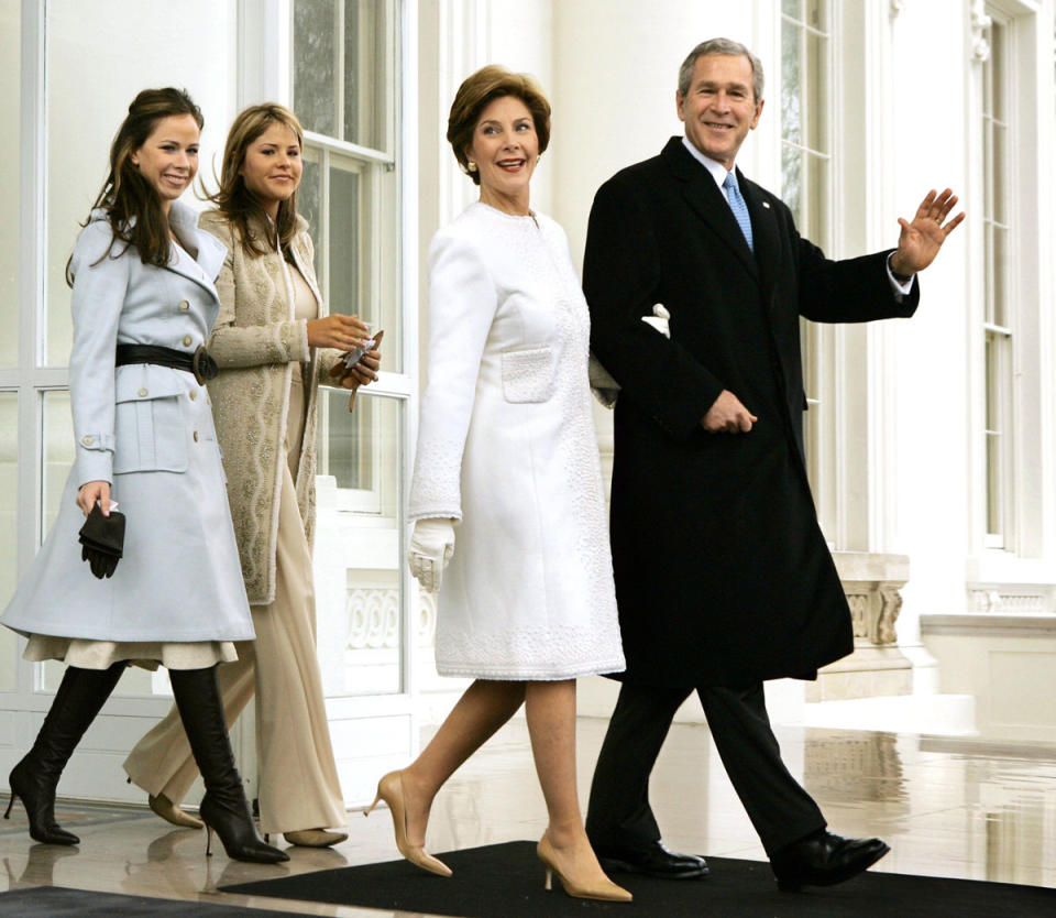 Twins Jenna and Barbara, with George W. and Laura Bush, celebrated their father’s 2005 inauguration in polished separates and statement coats.