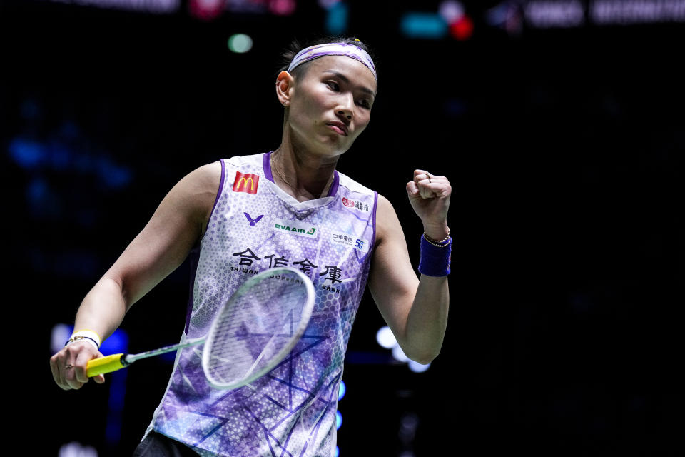 PARIS, FRANCE - MARCH 09: Tai Tzu Ying of Chinese Taipei reacts in the Women's Singles Semi Final match against An Se Young of Korea during day five of the Yonex French Open at Adidas Arena on March 09, 2024 in Paris, France. (Photo by Shi Tang/Getty Images)