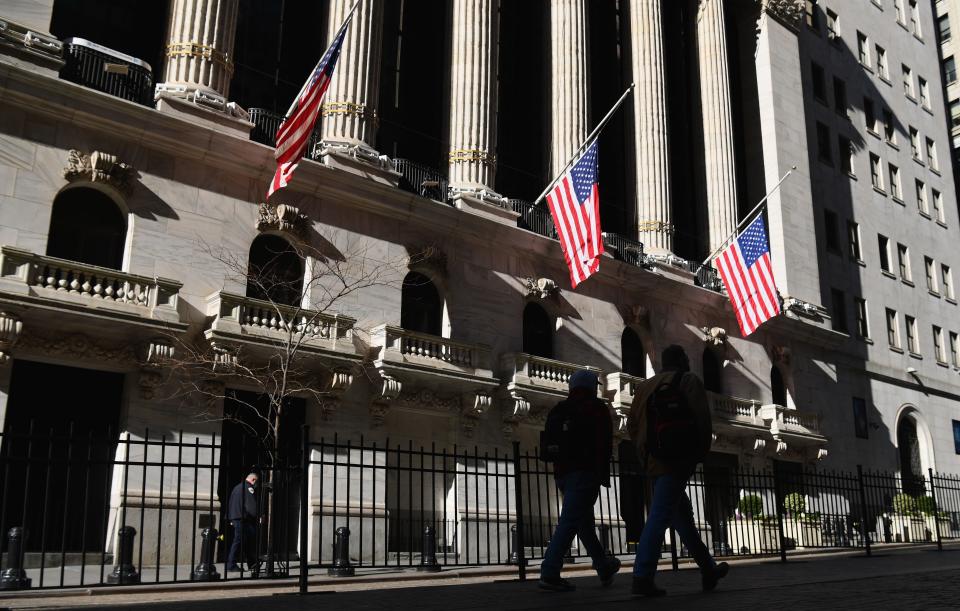 New York Stock Exchange (NYSE) at Wall Street on January 12, 2021 in New York City. - US stocks on January 11, 2021 retreated from records set last week as political uncertainty, including efforts to remove President Donald Trump from power, has finally shaken investors. (Photo by Angela Weiss / AFP) (Photo by ANGELA WEISS/AFP via Getty Images)