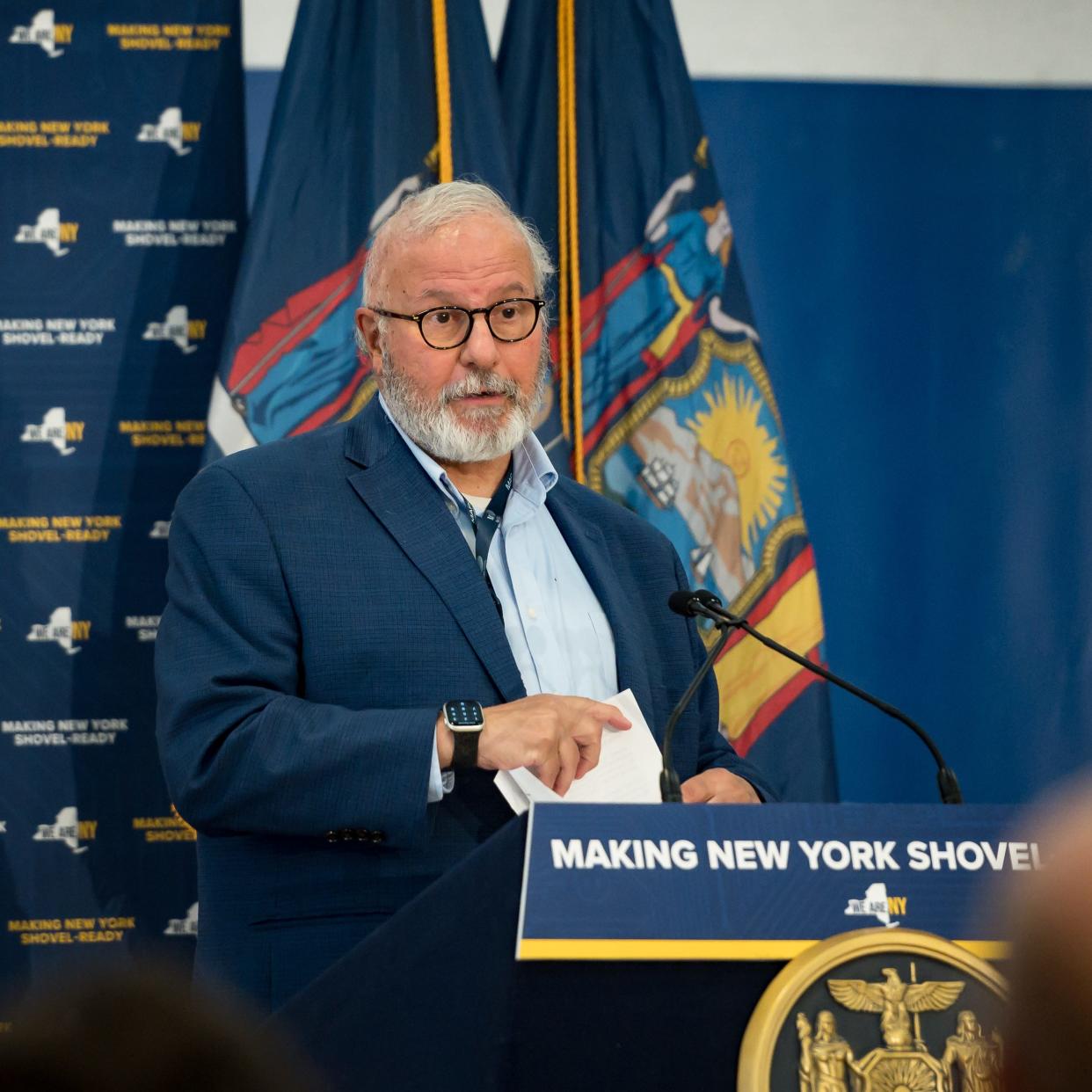 Mohawk Valley EDGE President Steve DiMeo, seen in this O-D file photo of a press conference with Gov. Kathy Hochul at the SUNY Polytechnic Institute Field House on August 15, 2023, died on March 6, 2024 at age 69. His legacy of economic development will live on, say people who worked with him.