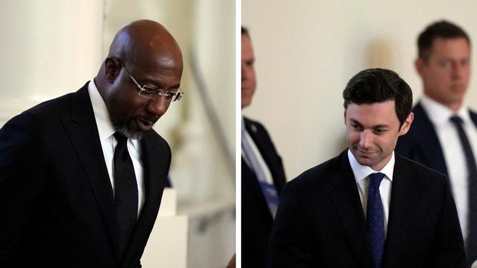 A side-by-side photo of Georgia Senators Raphael Warnock and Jon Ossoff, in suits attending Rosalynn Carter's memorial service.