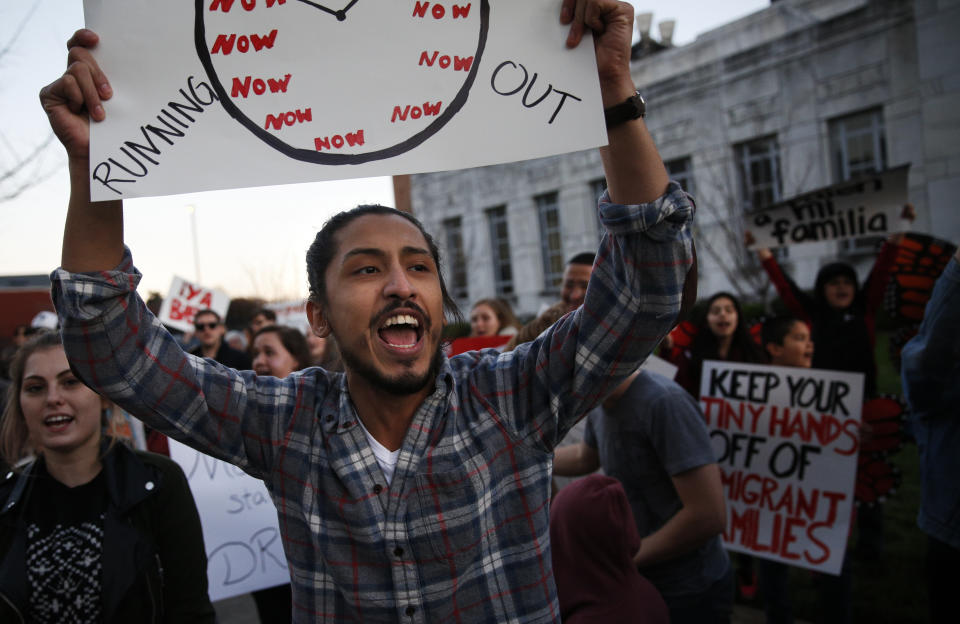 <p>Elias Garcia chants with other demonstrators on Martin Luther King Boulevard during a United We Dream march in Chattanooga, Tenn., Saturday, March 3, 2018. Demonstrators marched to show support for an immigration solution that protects the so-called dreamers, immigrants who have been protected by the Deferred Action for Childhood Arrivals program known as DACA. (Photo: Doug Strickland/Chattanooga Times Free Press via AP) </p>