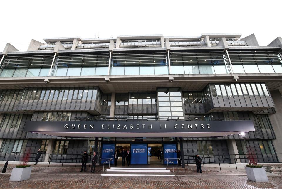 A general view of the QEII centre is pictured in central London on February 4, 2016, ahead of the start of a donor conference entitled 'Supporting Syria & The Region'  World leaders gather in London on Thursday to try to raise $9 billion (8.3 billion euros) for the millions of Syrians hit by the country's civil war and a refugee crisis spanning Europe and the Middle East.   / AFP / JUSTIN TALLIS        (Photo credit should read JUSTIN TALLIS/AFP via Getty Images)