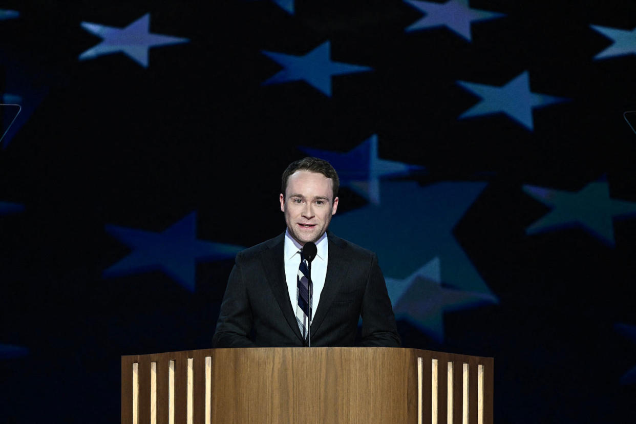 Cole Emhoff speaks at the podium (Mandel Ngan / AFP - Getty Images)