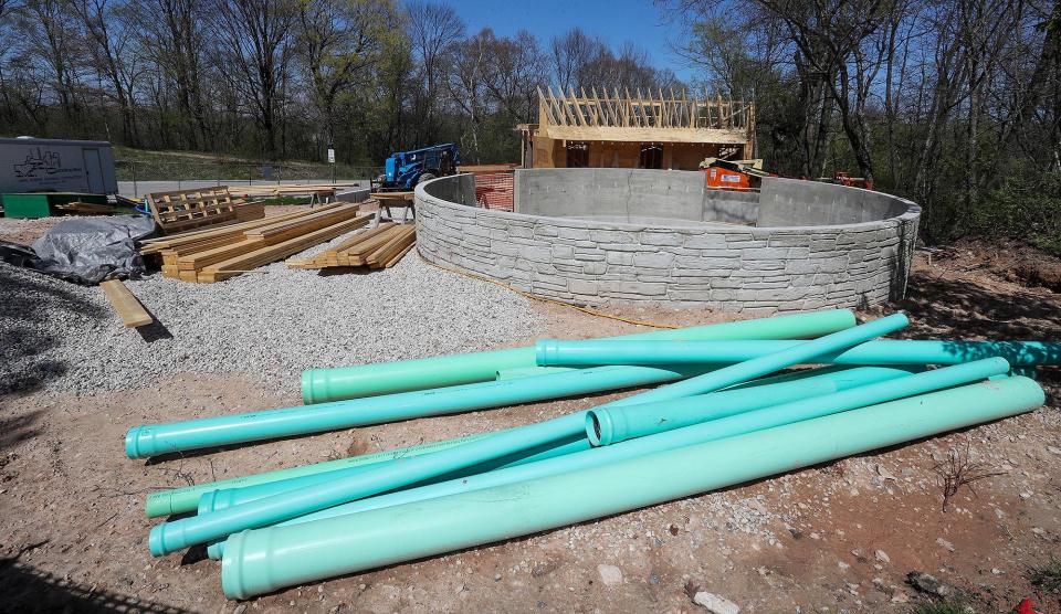Construction continues on a restroom facility and additional educational areas at Bookworm Gardens, Wednesday, May 10, 2023, in Sheboygan, Wis.