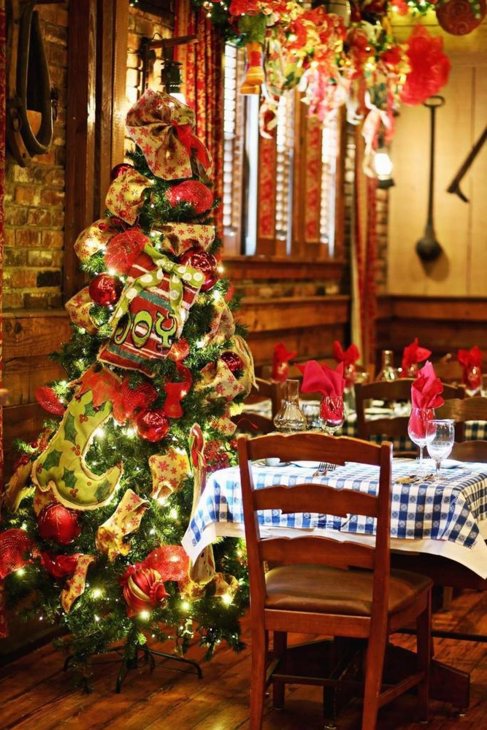 Each of the dining rooms at the Angus Barn in Raleigh have their own Christmas tree and theme including three gingerbread trees in the Little Barn.