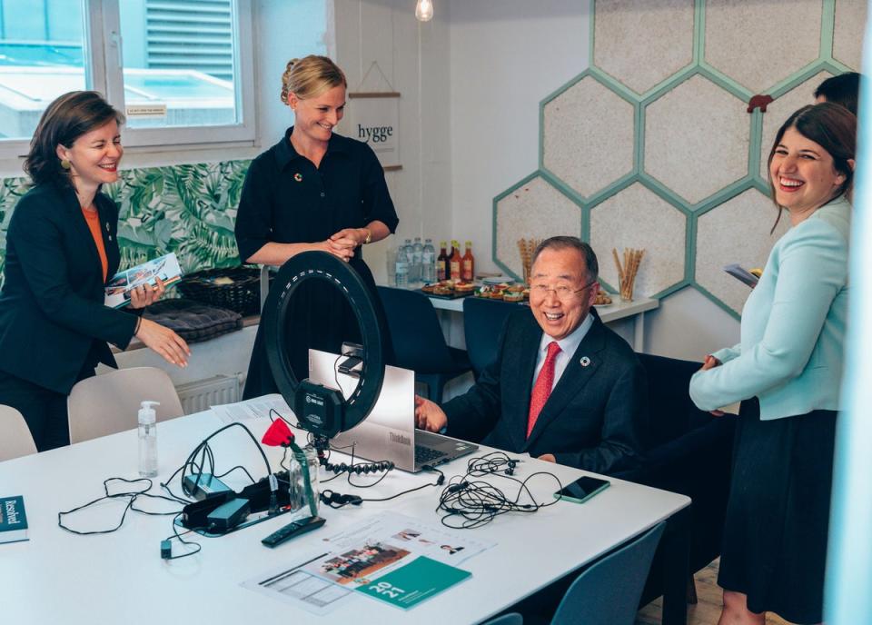 Ban Ki-moon with his team in Vienna on Tuesday during his interview with The Independent (Martin Krachler)