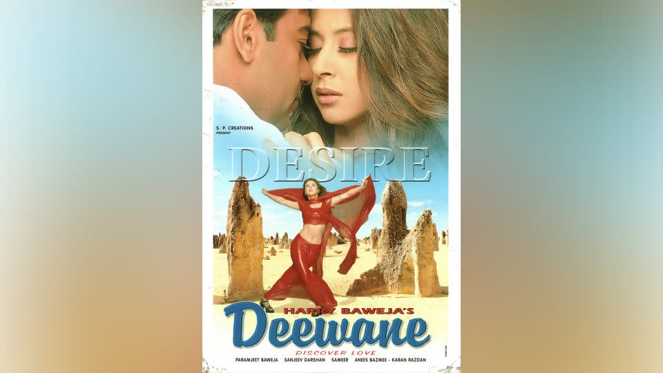 "Deewane," a film shot by Harry Baweja in 1999, features Bollywood stars Ajay Devgan and Urmila Matondkar. This poster shows the Pinnacles, a landmark of Western Australia. - Baweja Studios Ltd