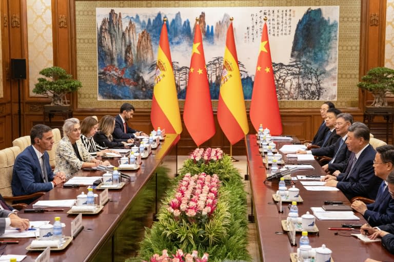 Spain's Prime Minister Pedro Sanchez (L) met President Xi Jinping (2R) on a trip to China aimed at boosting ties despite a standoff between Beijing and the EU (ANDRES MARTINEZ CASARES)