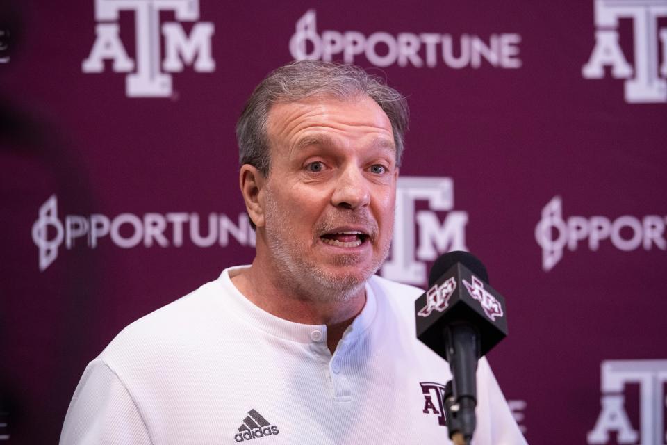 Texas A&M head coach Jimbo Fisher speaks with the media during the school's pro day for NFL football scouts and coaches, Tuesday, March. 22, 2022, in College Station, Texas. (AP Photo/Justin Rex)