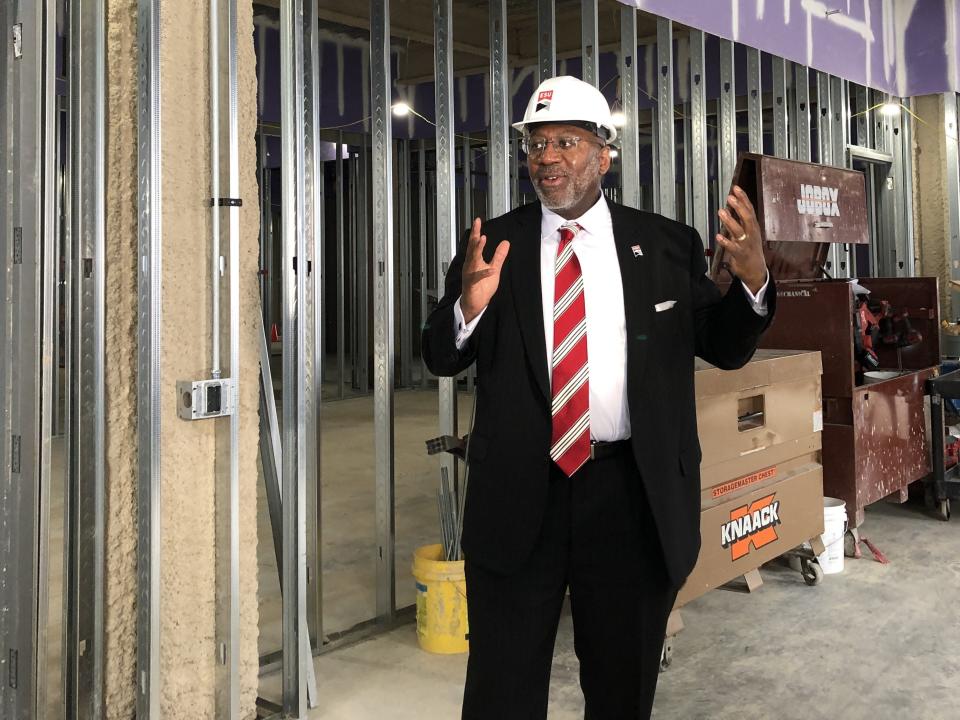 East Stroudsburg University President Kenneth Long speaks during a tour of University Center while under construction on Friday, May 10, 2024