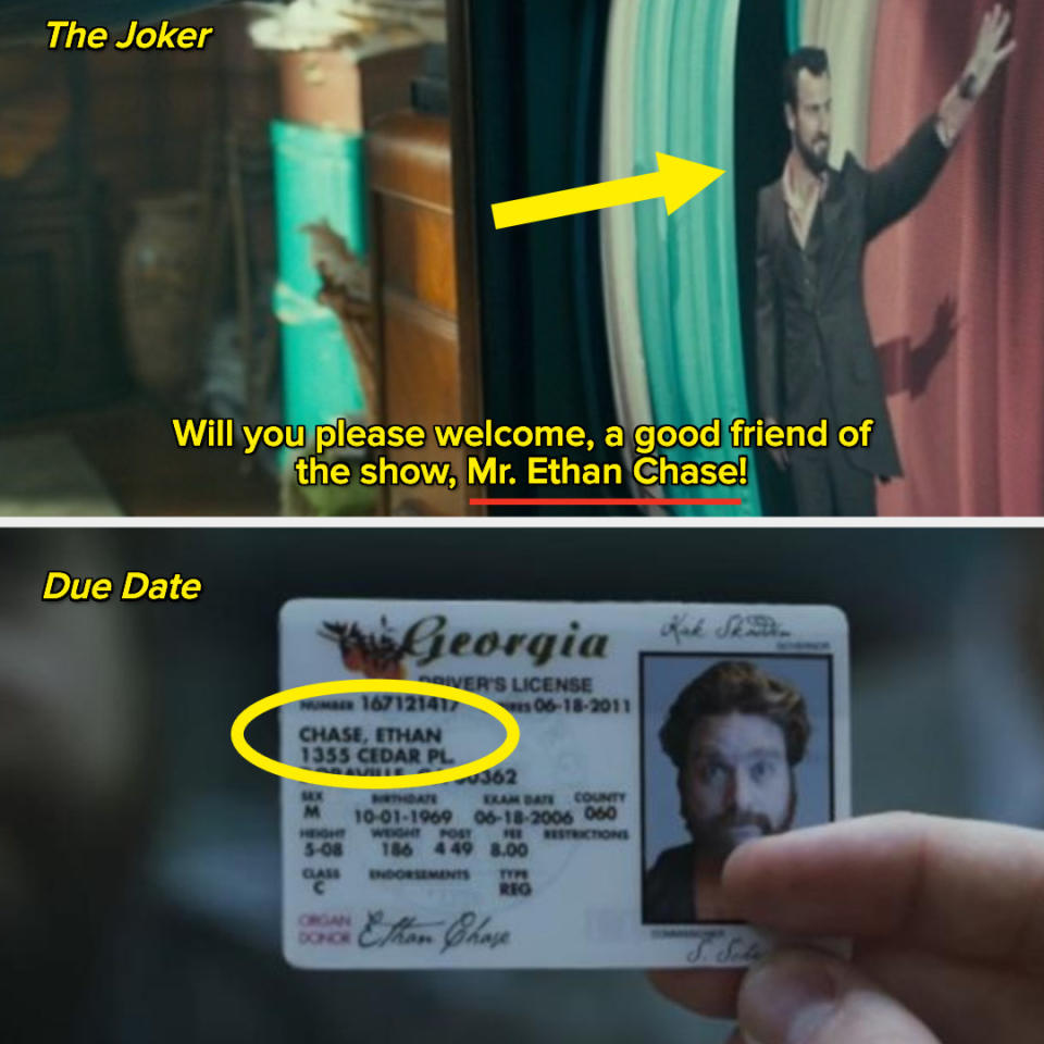 Justin Theroux as a guest on the talk show in the Joker, and a driver's license from Due Date of Zack as Ethan Chase