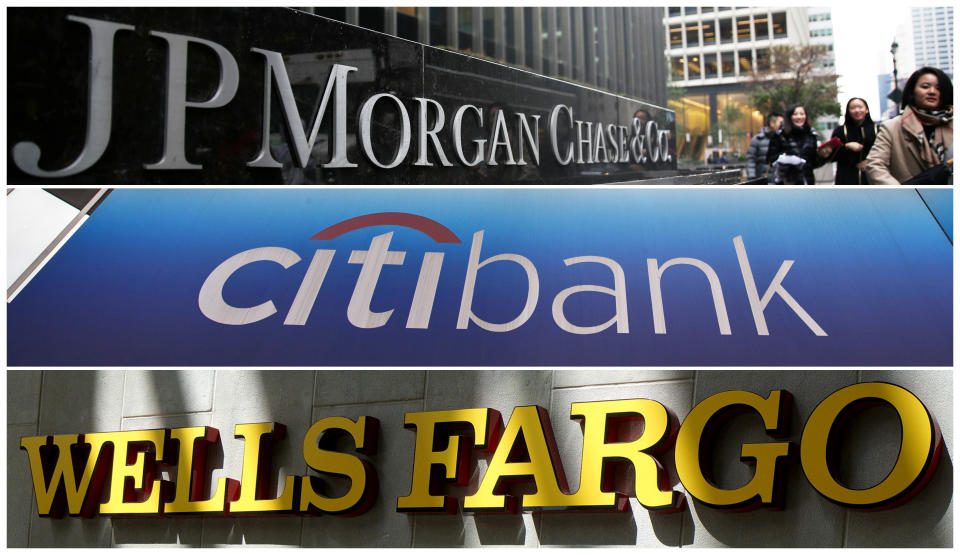 FILE PHOTOS: Signs of JP Morgan Chase Bank, Citibank and Wells Fargo & Co. bank are seen in this combination photo from Reuters files.   REUTERS/File Photos