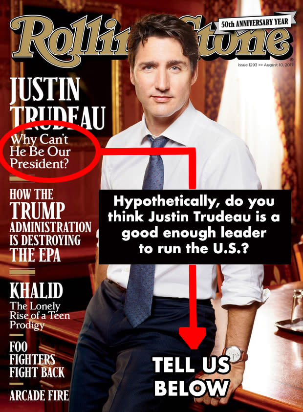 Justin Trudeau on the cover of Rolling Stone magazine. Photo by Martin Schoeller for Rolling Stone and adapted by Yahoo Canada News.