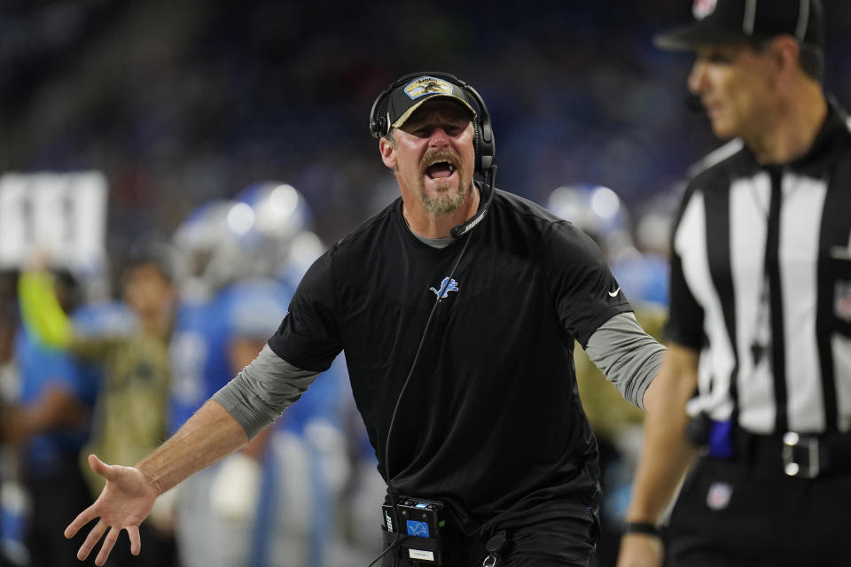 Detroit Lions head coach Dan Campbell argues a call during the first half of an NFL football game against the Philadelphia Eagles, Sunday, Oct. 31, 2021, in Detroit. (AP Photo/Paul Sancya)