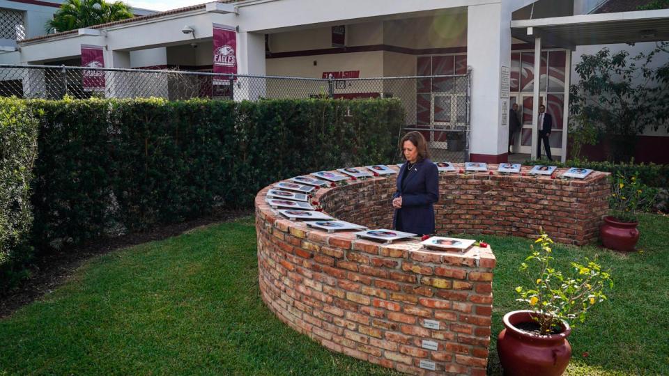 PHOTO: Vice President Kamala Harris participates in a moment of silence at the Marjory Stoneman Douglas High School memorial in Parkland, Fla., March 23, 2024.  (Drew Angerer/AFP via Getty Images)